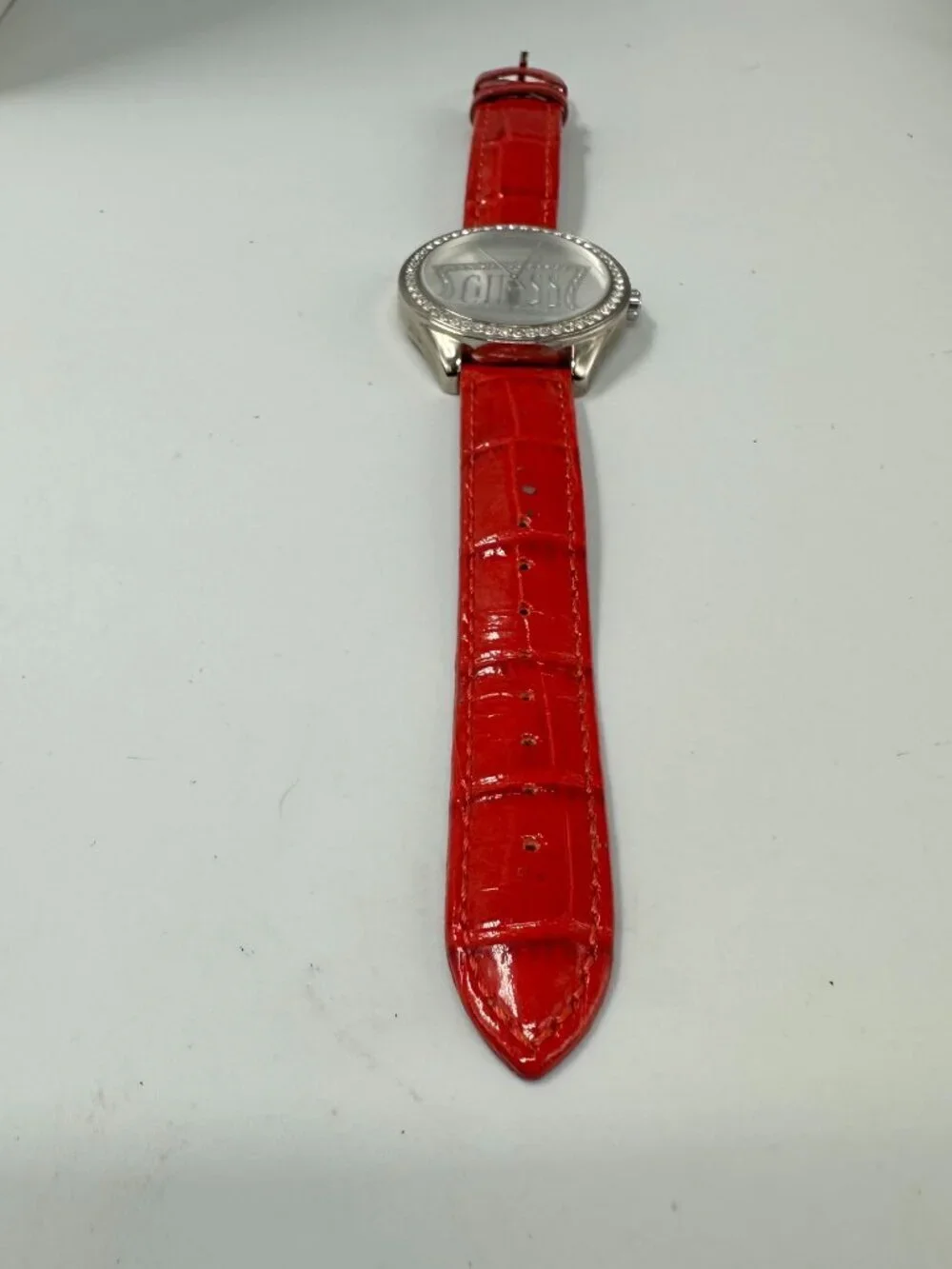 Guess Watch Women Silver Tone Logo Dial 36MM Red Leather Band New Battery